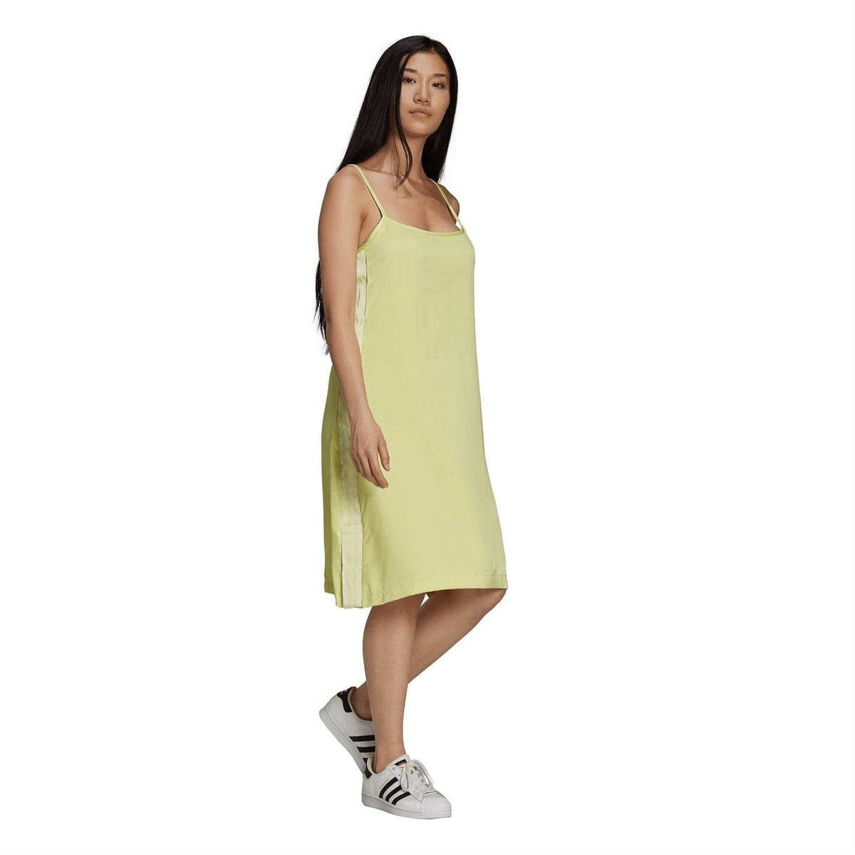 Pulse yellow square-neck midi slip dress with thin straps, draped midi hem