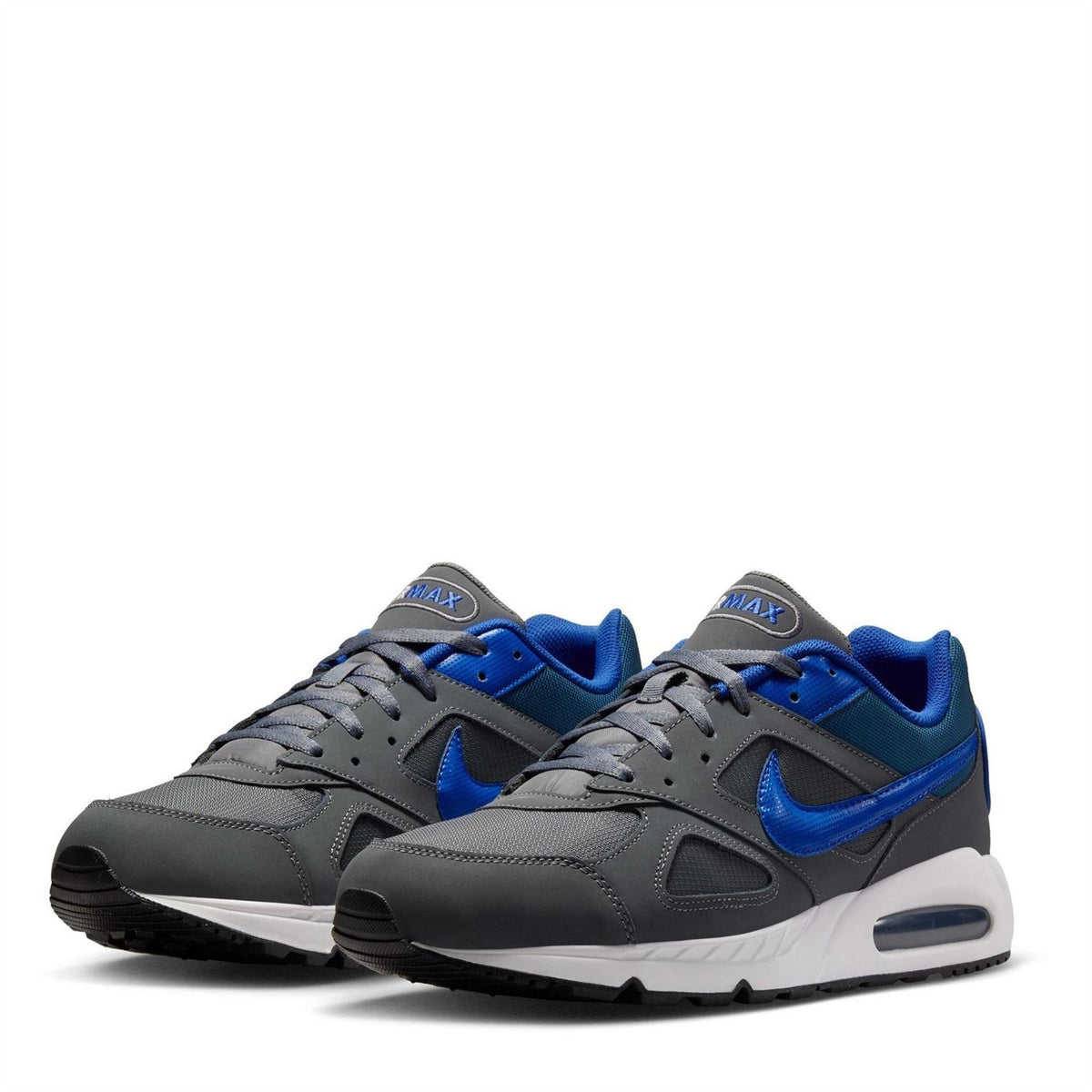 Grey and blue Nike Air Max trainers with blue swoosh and cushioned air sole