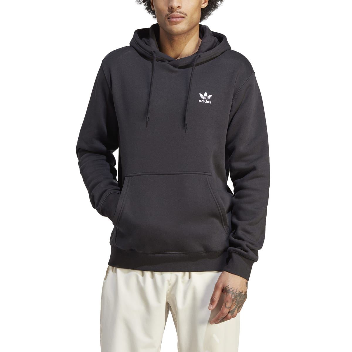Black adidas hoodie with Trefoil chest logo, kangaroo pocket and drawstring hood