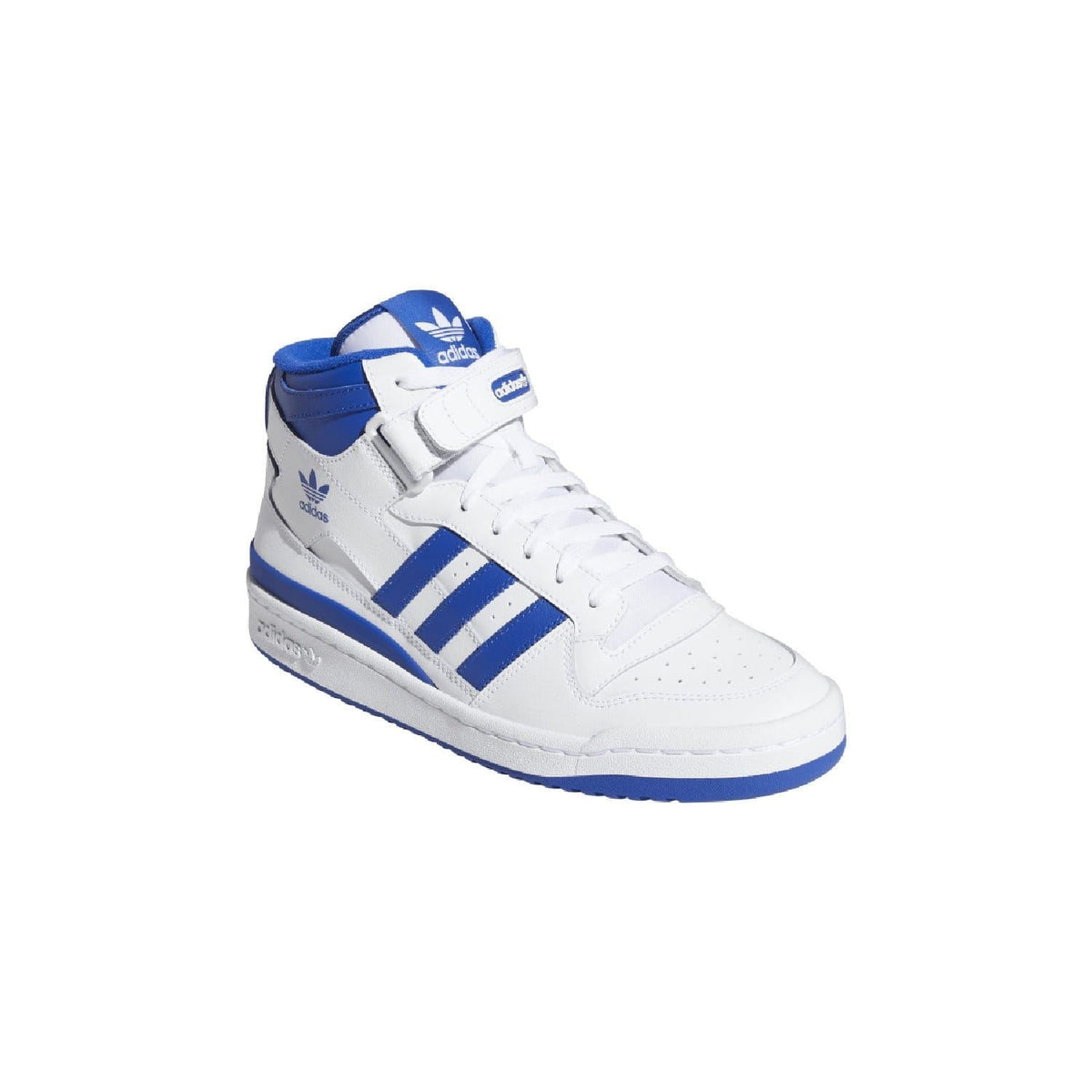 White and blue mid-top trainers with adidas logo and textured outsole