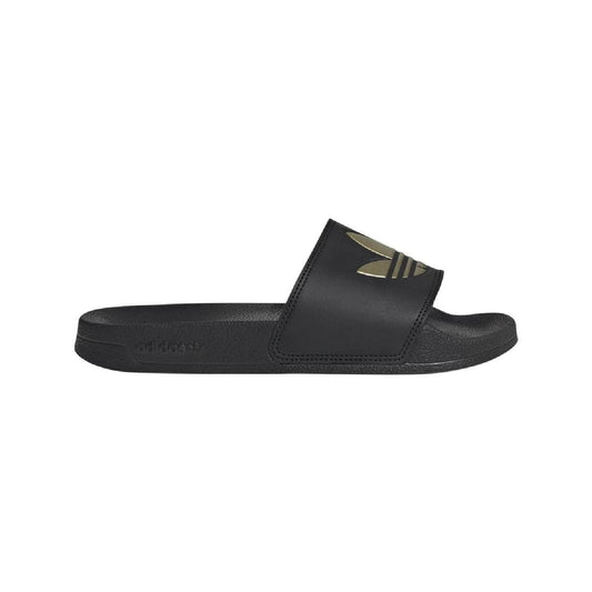 Black slide sandals with wide strap and gold logo print