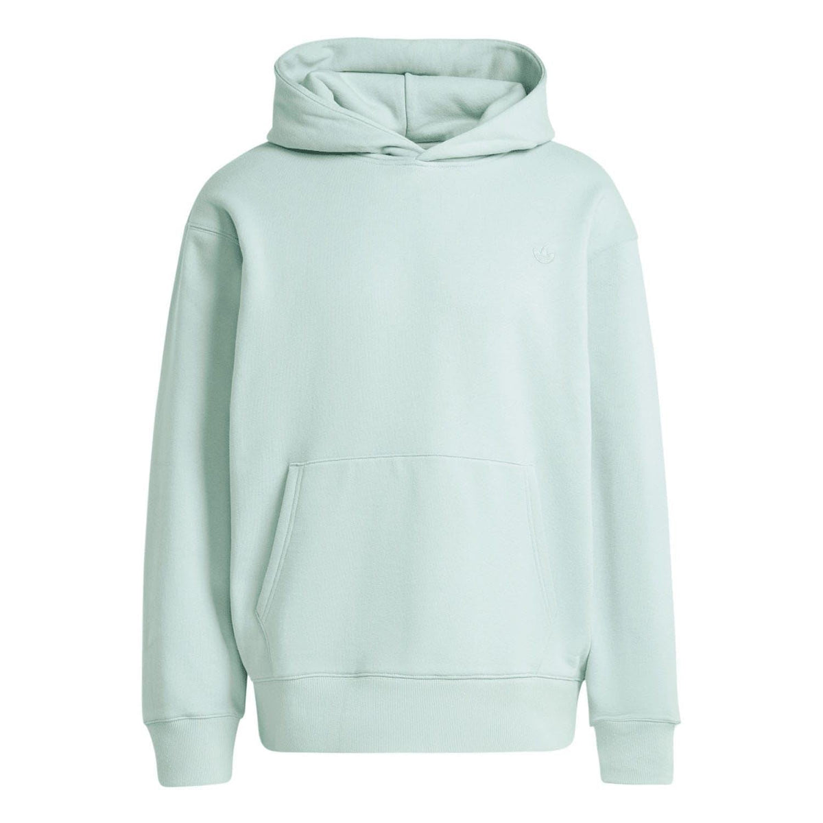 Mint green pullover hoodie with front kangaroo pocket and attached hood