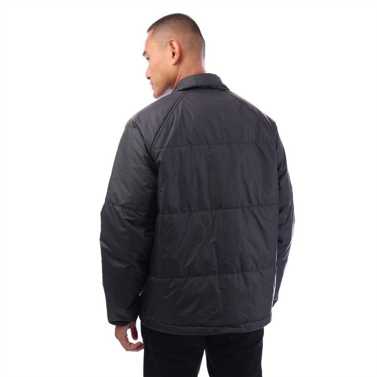 adidas Originals black coach jacket back view, padded quilting and full-zip