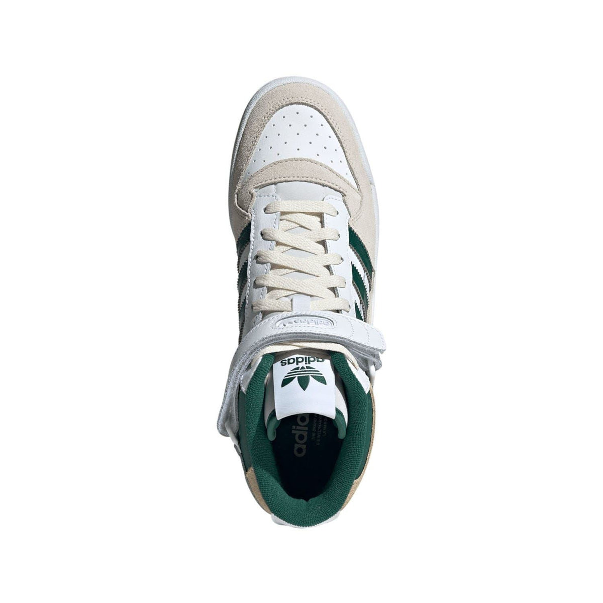 White adidas mid-top sneakers with lace-up front and green interior lining