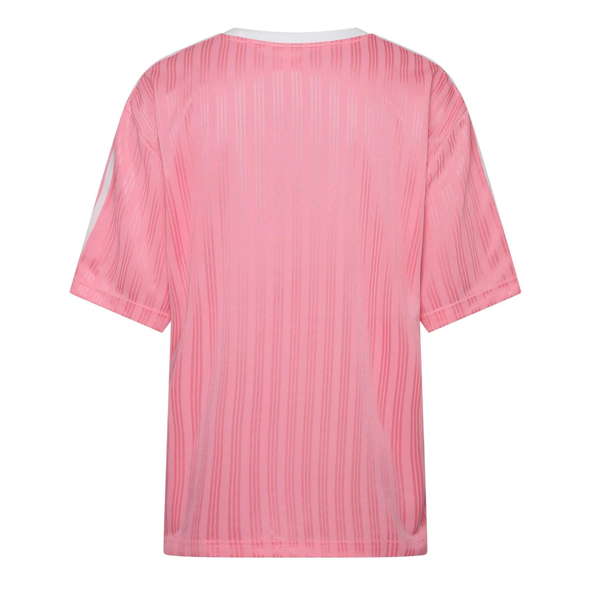 Pink oversized T-shirt with crew neck, short sleeves, striped pattern, back view.