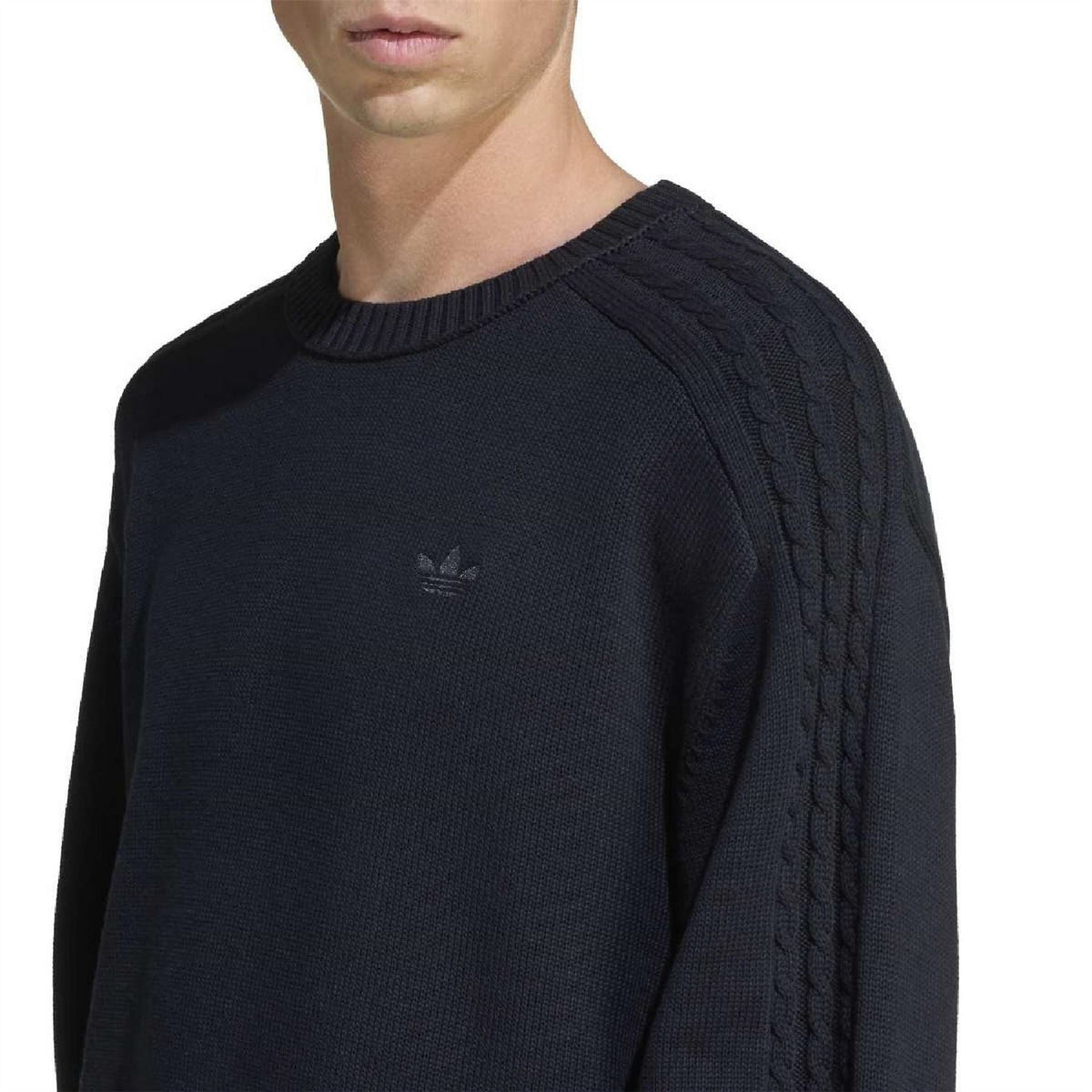 Black crew neck sweater with ribbed collar and small adidas trefoil logo