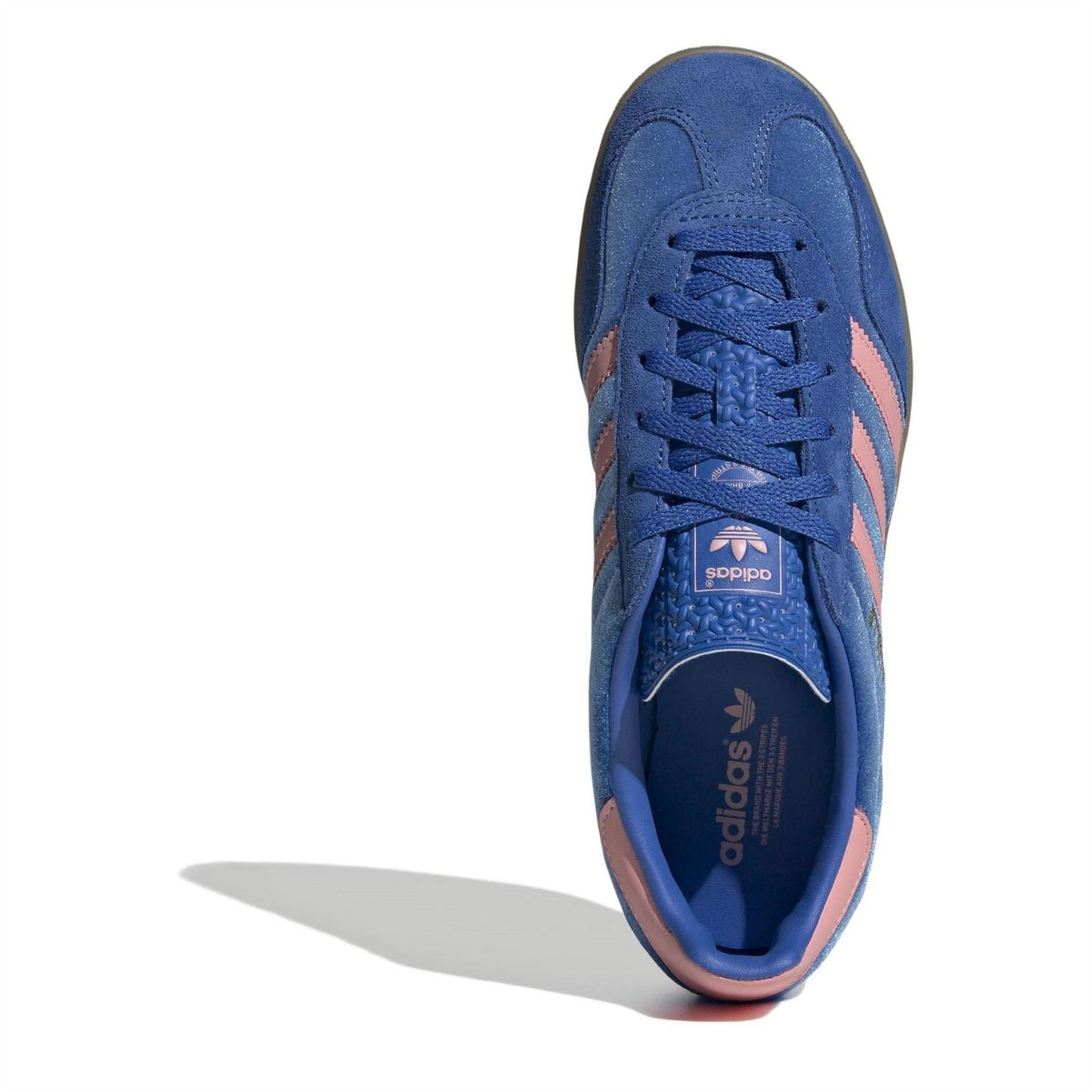 Blue adidas Gazelle sneaker upper with lace-up closure and adidas logo on tongue