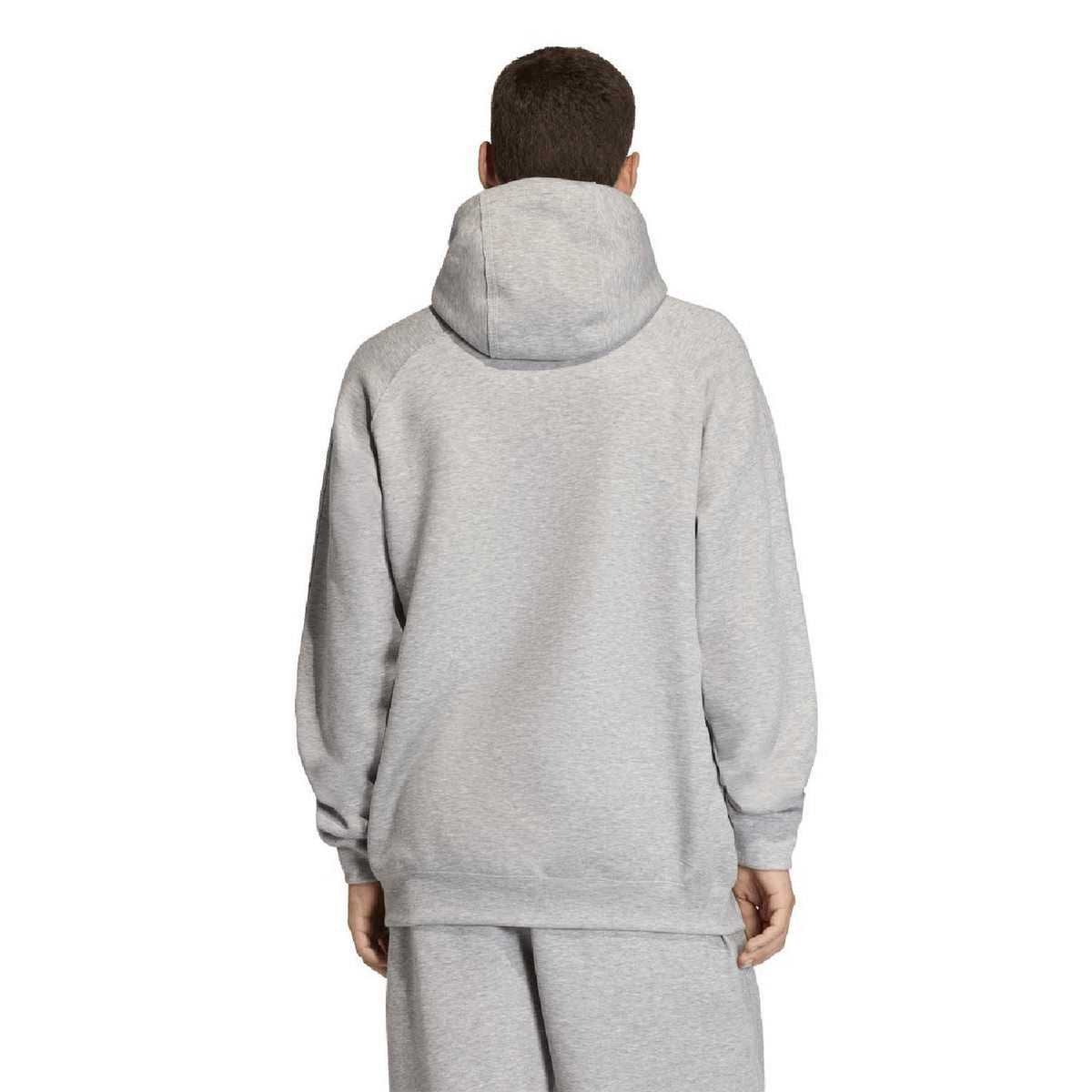 Grey pullover hoodie with hood, relaxed back view, ribbed cuffs and hem