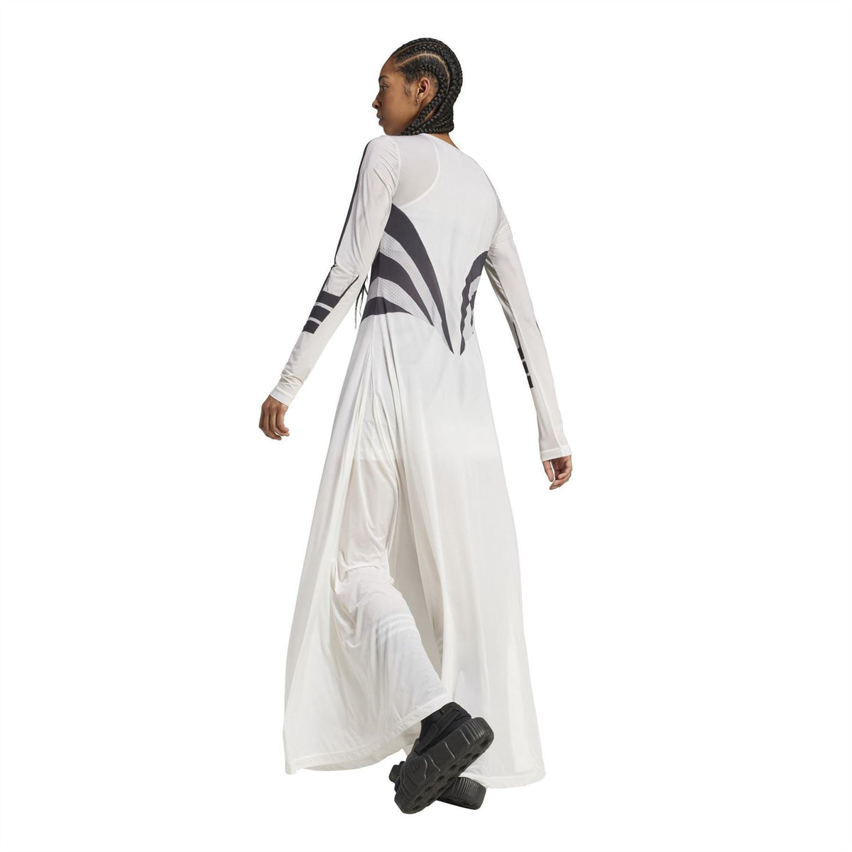adidas Originals Atlanta Dre white maxi dress, back view with dark stripe graphic