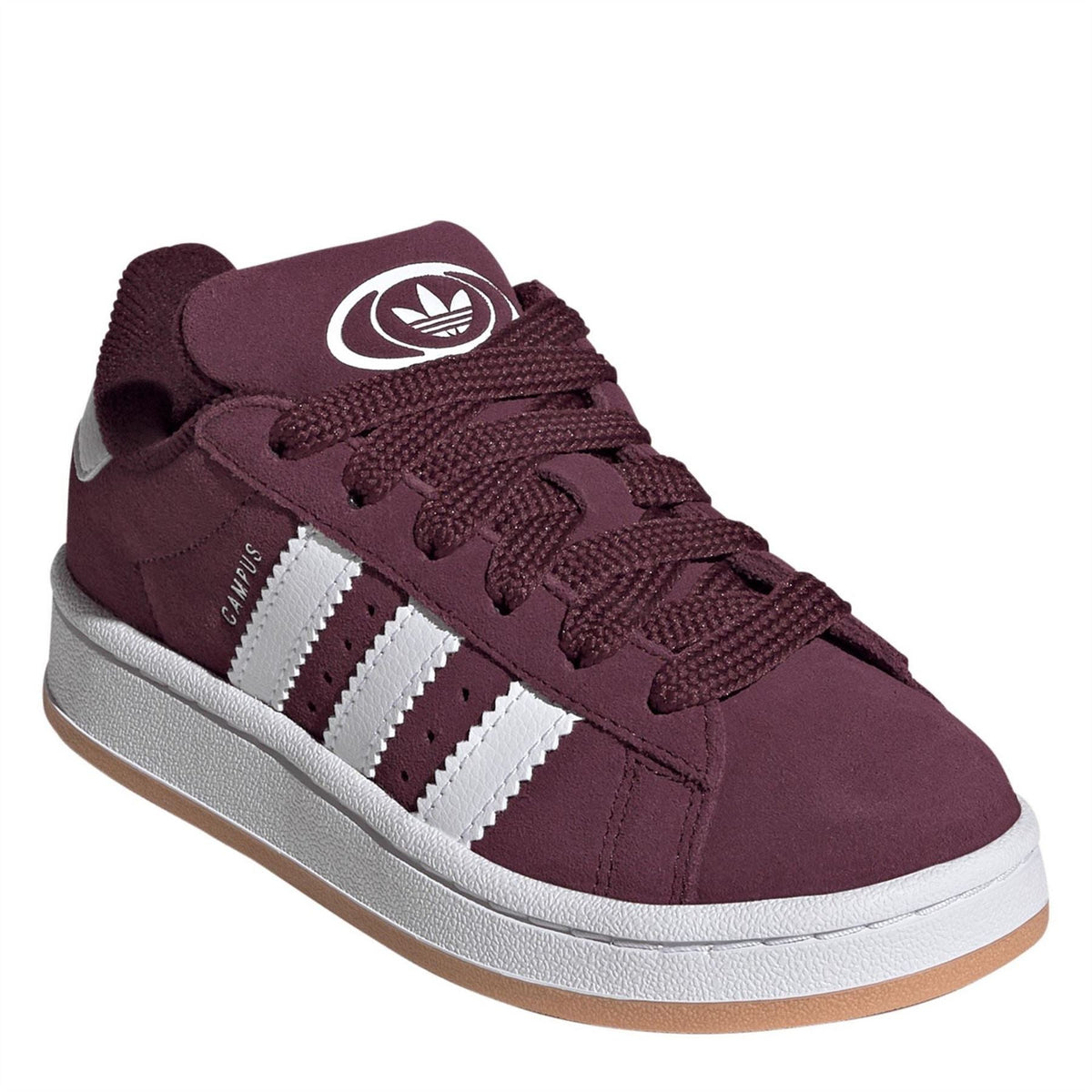 adidas Originals Campus 00s kids shoes, maroon suede lace-up with white 3-Stripes branding.