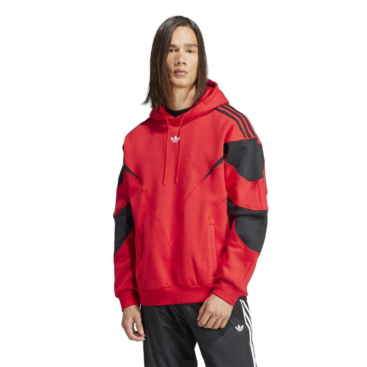Red adidas Originals hooded sweatshirt with black sleeve panel details and drawstring hood.