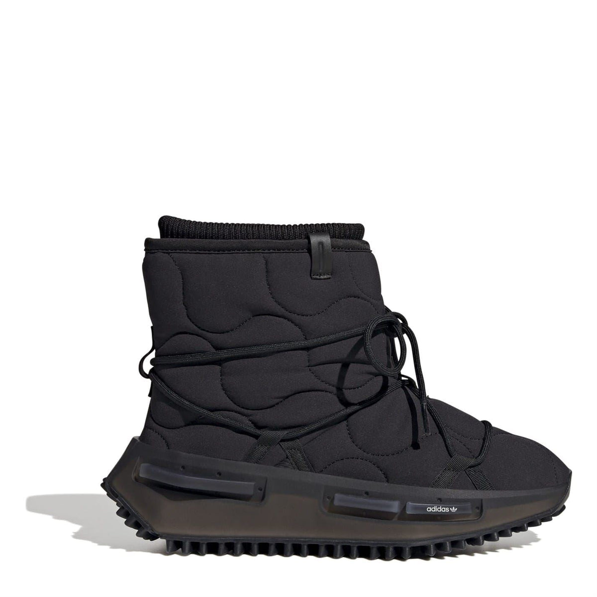 Black Adidas mid-top boot with textured upper, lace-up, and chunky rubber sole.