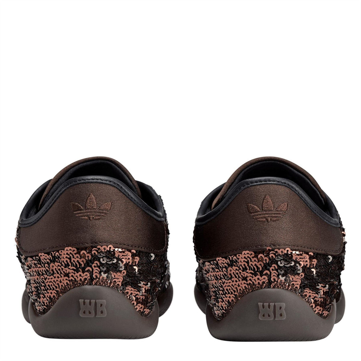 Sequin low-top sneaker heels with embossed HB logos and brown padded back tabs