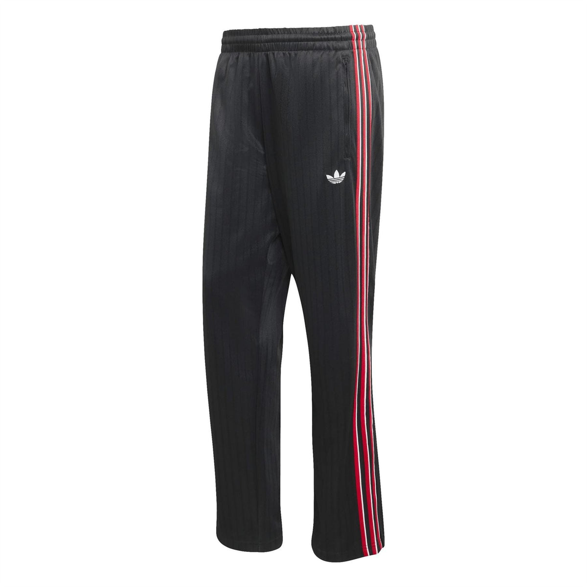 Men's black woven jogger pants with open hem and red-and-white side stripes