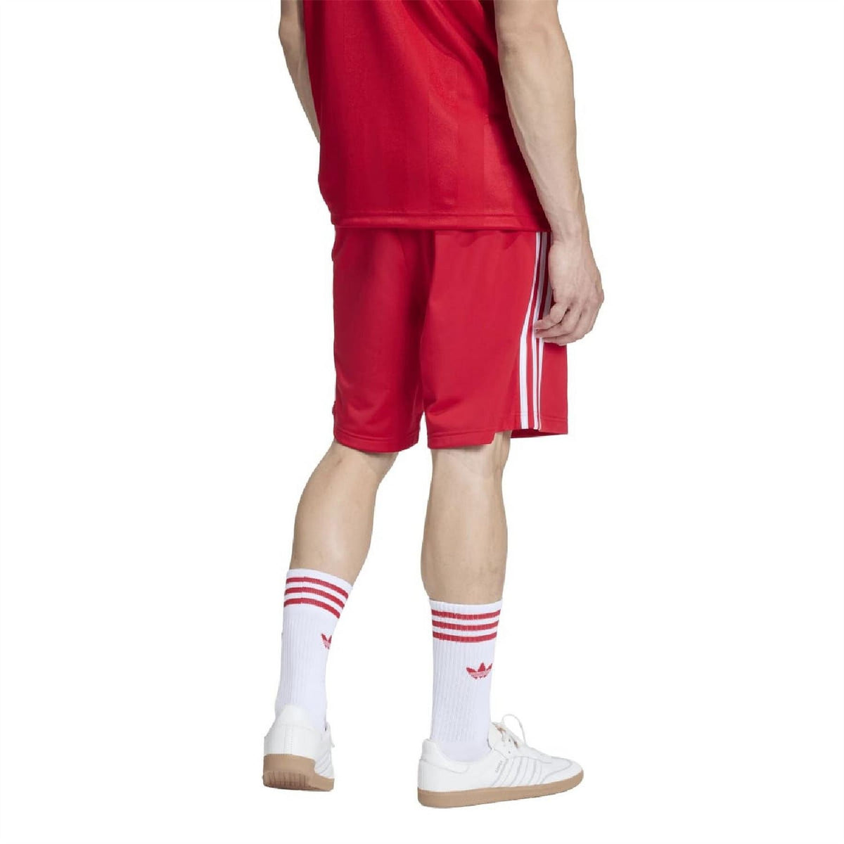 Scarlet red bermuda shorts with white side stripes and zip pocket at the leg