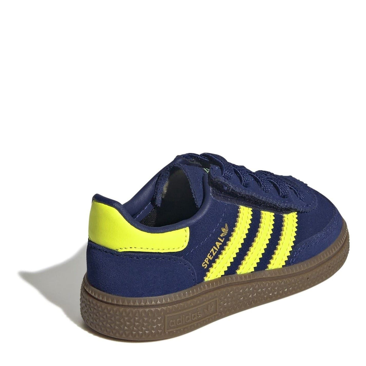 adidas Originals Hb Spezial low-top lace-up sneakers with navy upper, neon yellow heel tab