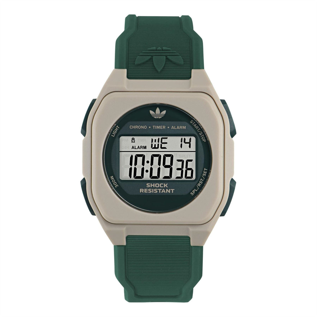 adidas Originals digital sports watch with green strap and beige square resin case