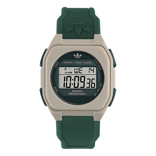 adidas Originals digital sports watch with green strap and beige square resin case