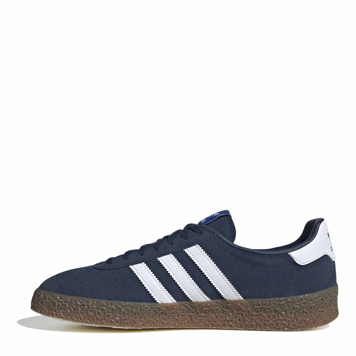 adidas Montreal trainers navy suede with white three stripes and textured brown gum sole