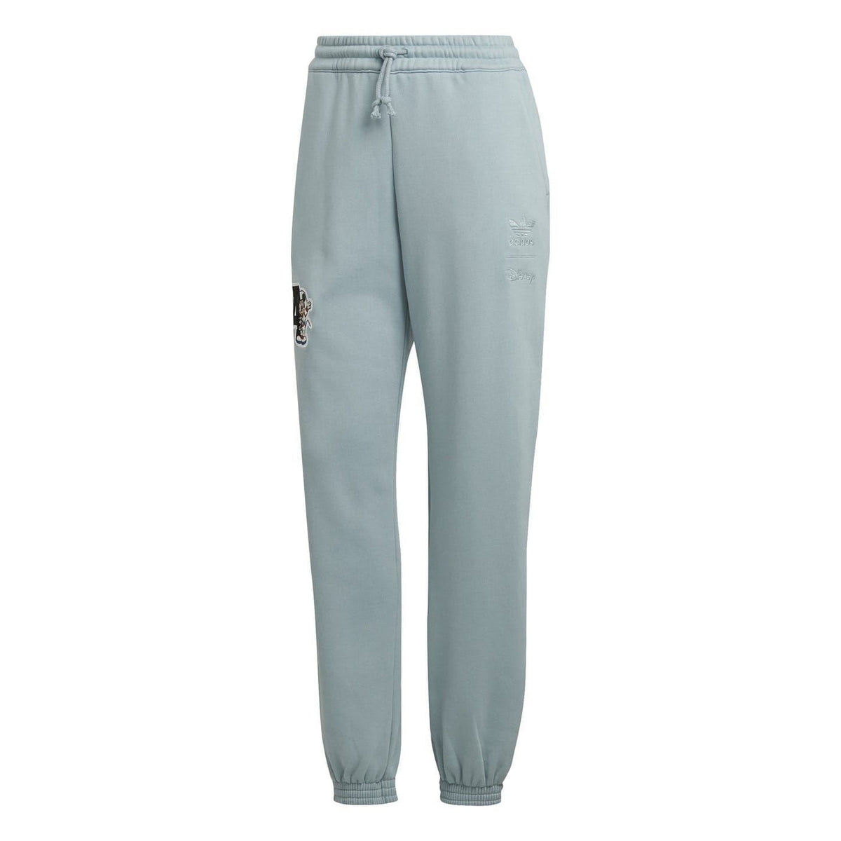 Grey joggers with drawstring waist, elastic cuffs, and Mickey Mouse side patch