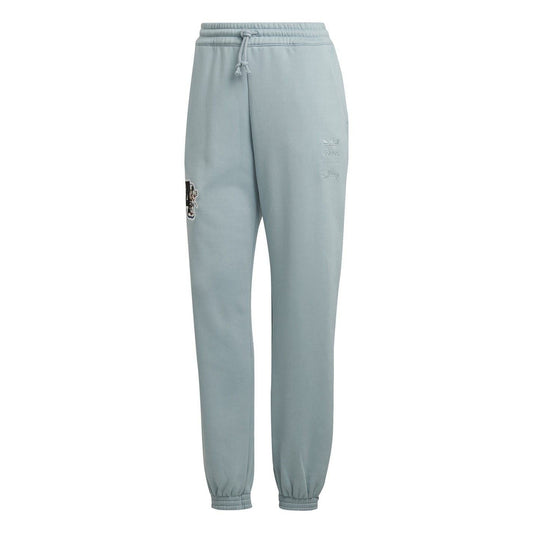 Grey joggers with drawstring waist, elastic cuffs, and Mickey Mouse side patch