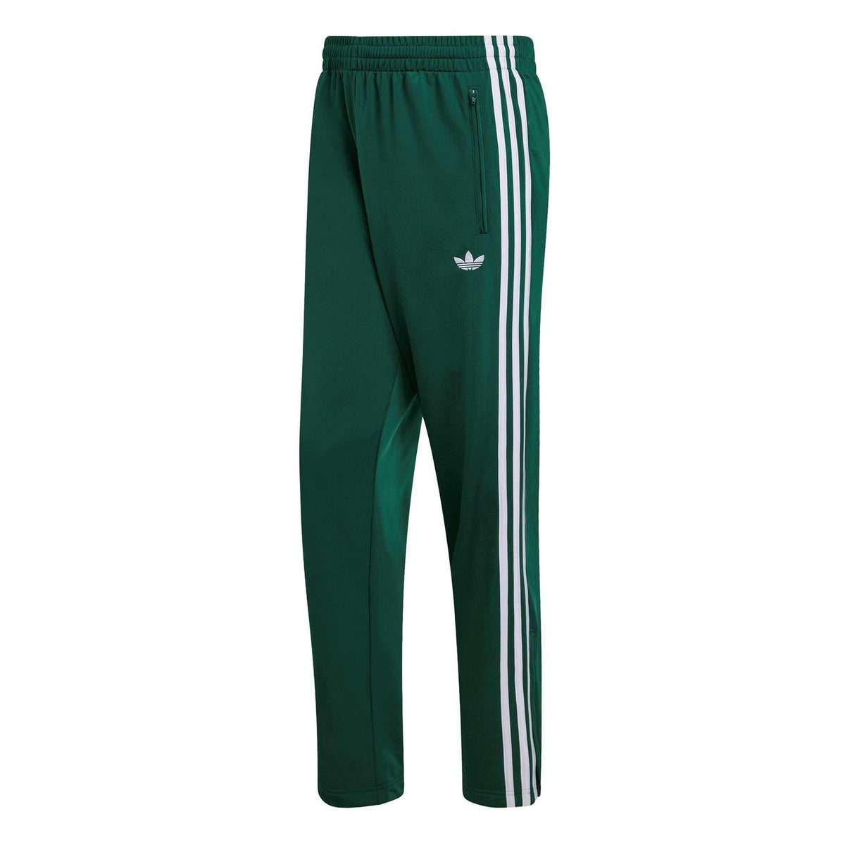 Men's dark green woven track joggers with white side stripes and elastic waistband