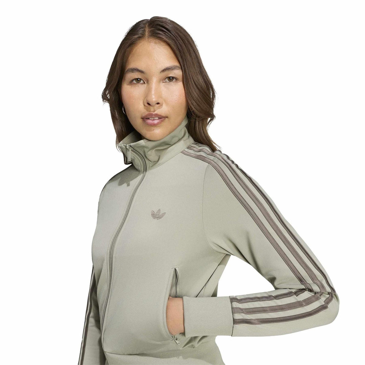Sage zip-up track jacket top with trefoil emblem and striped cuffs on sleeves