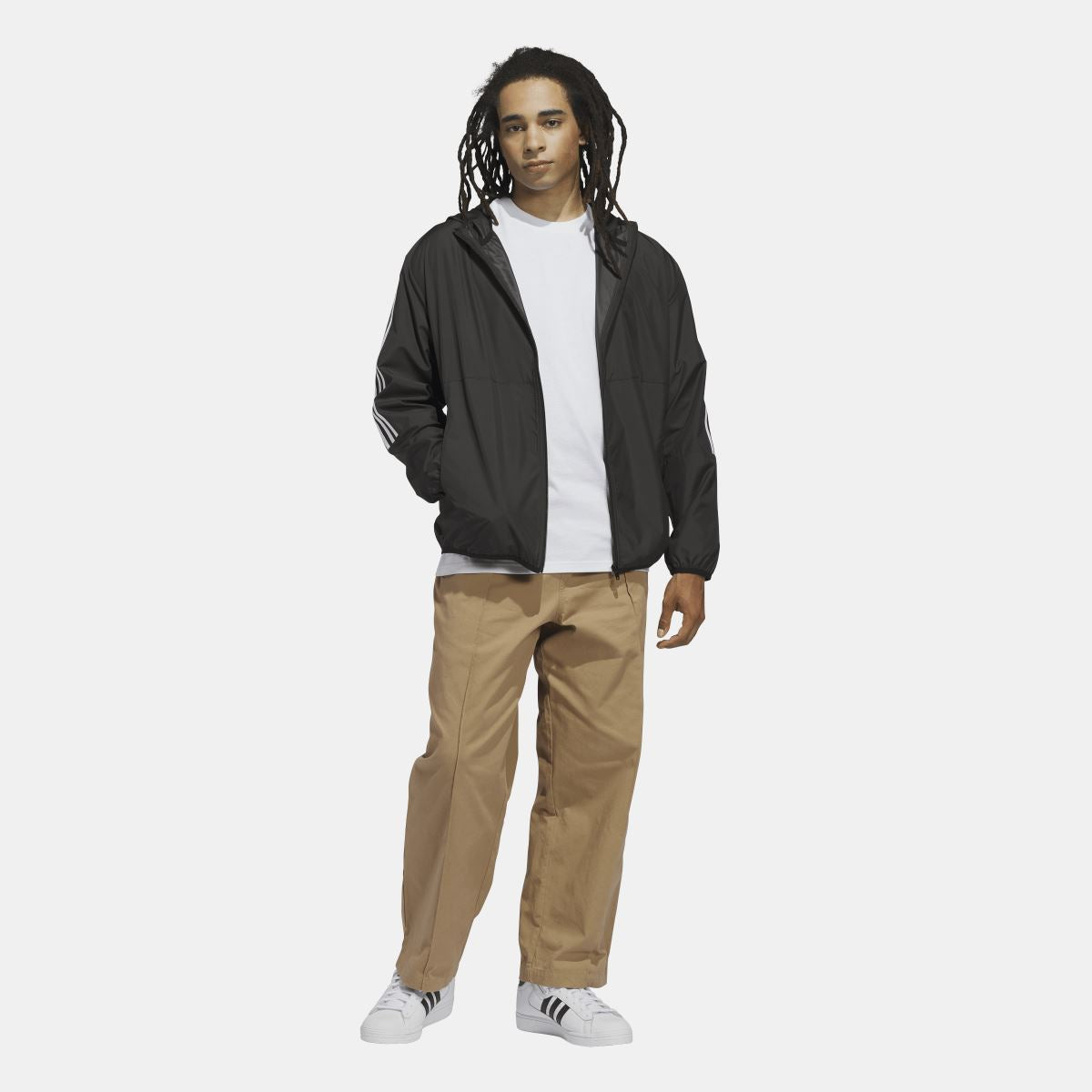 Black adidas Originals hooded windbreaker jacket with white three-stripe sleeves and zip front