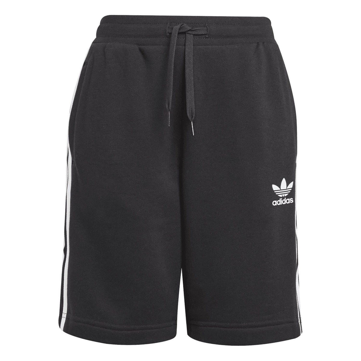 Black juniors track shorts with drawstring waist, adidas logo, and white side stripes