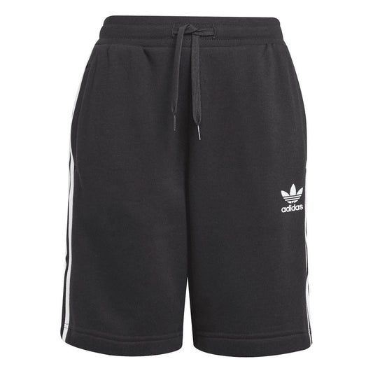 Black juniors track shorts with drawstring waist, adidas logo, and white side stripes