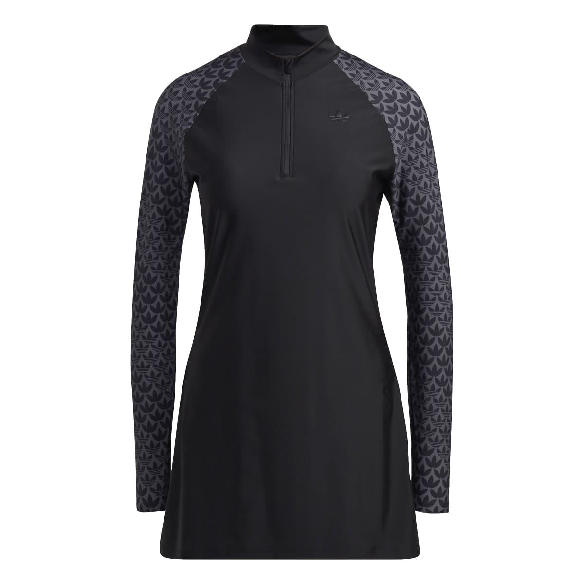 Black long-sleeve swim top with front zipper and monogram raglan sleeves