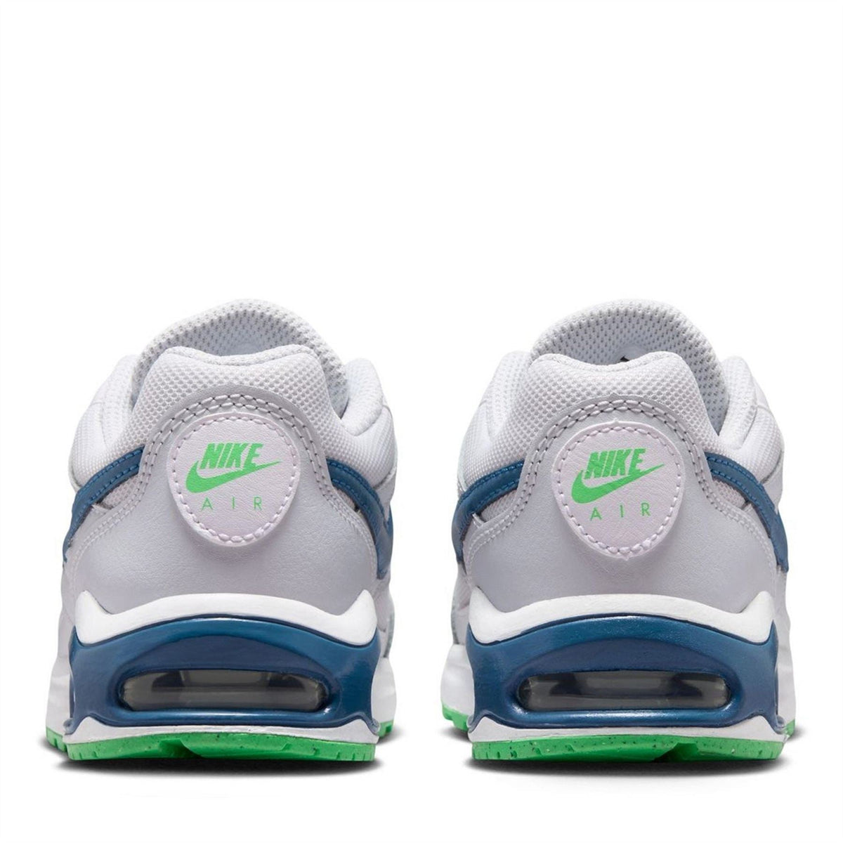 Nike Air Max Ivo kids trainers, rear view with Air logo, blue heel and green sole