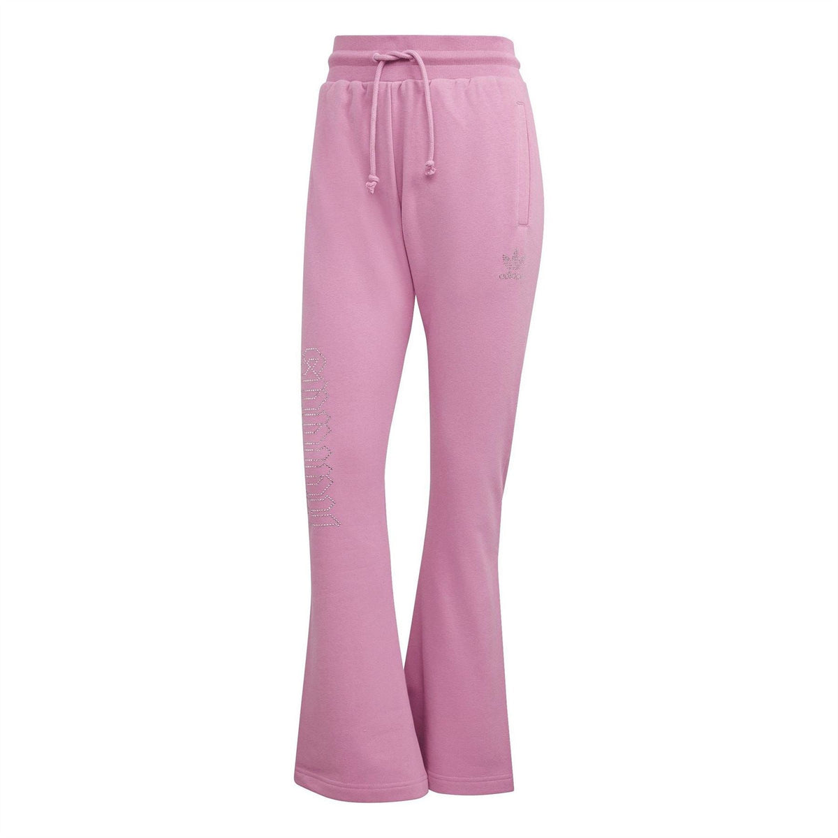 adidas Originals pink open-hem flared jogger pants, front view with drawstring waist