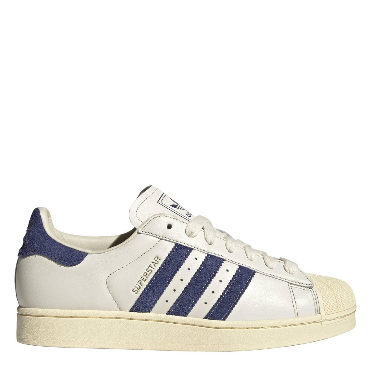 White and navy adidas Originals Superstar II sneakers with three blue stripe bands, lace-up
