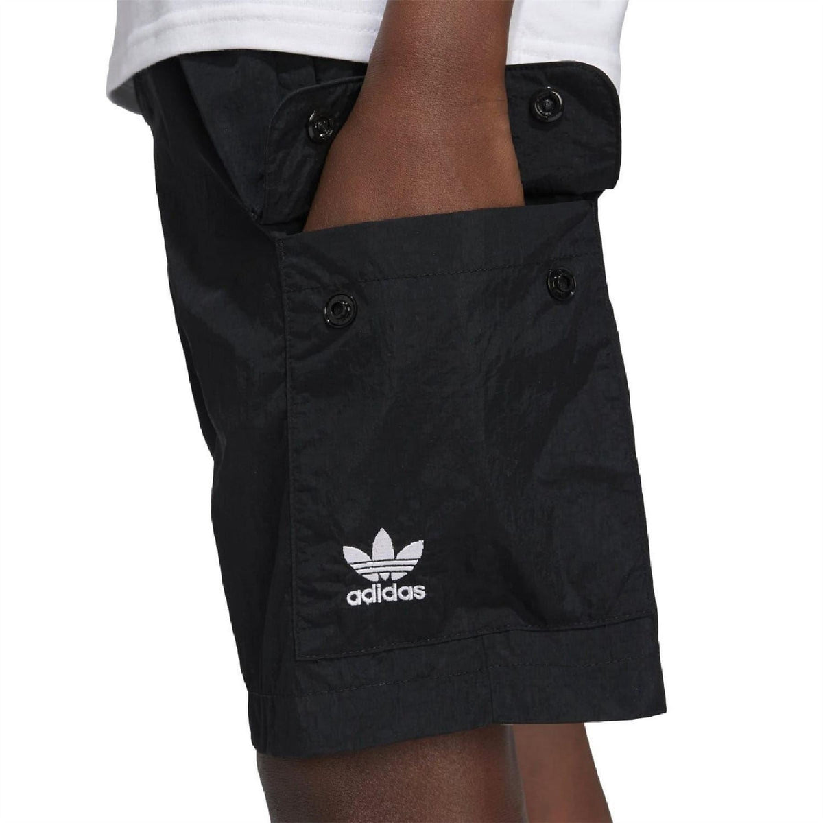 Black cargo shorts with adidas logo on front patch pocket and button details