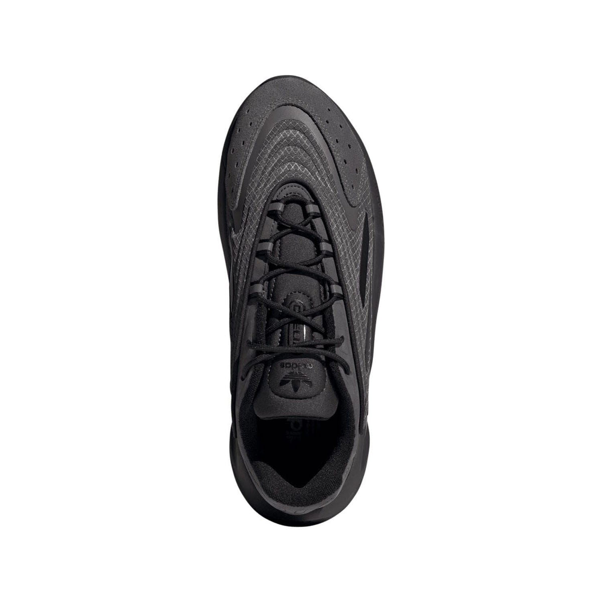 Grey adidas Originals Ozelia trainers, front view with black laces and perforated toe