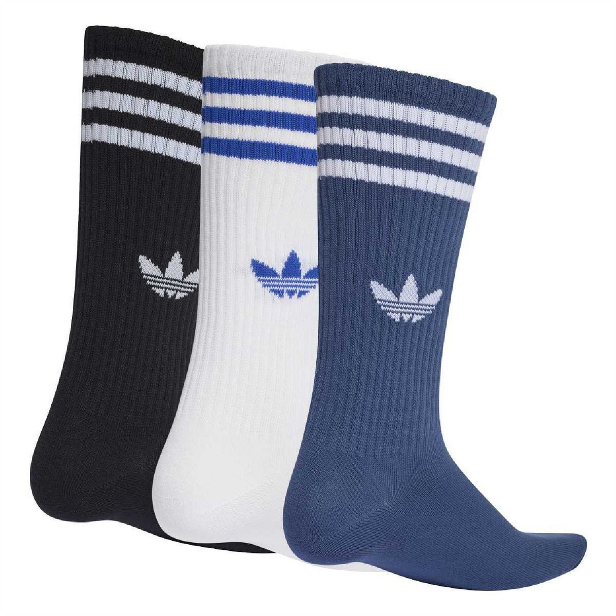 adidas Originals 3-pack long crew socks in black, white, navy with striped cuffs and trefoil