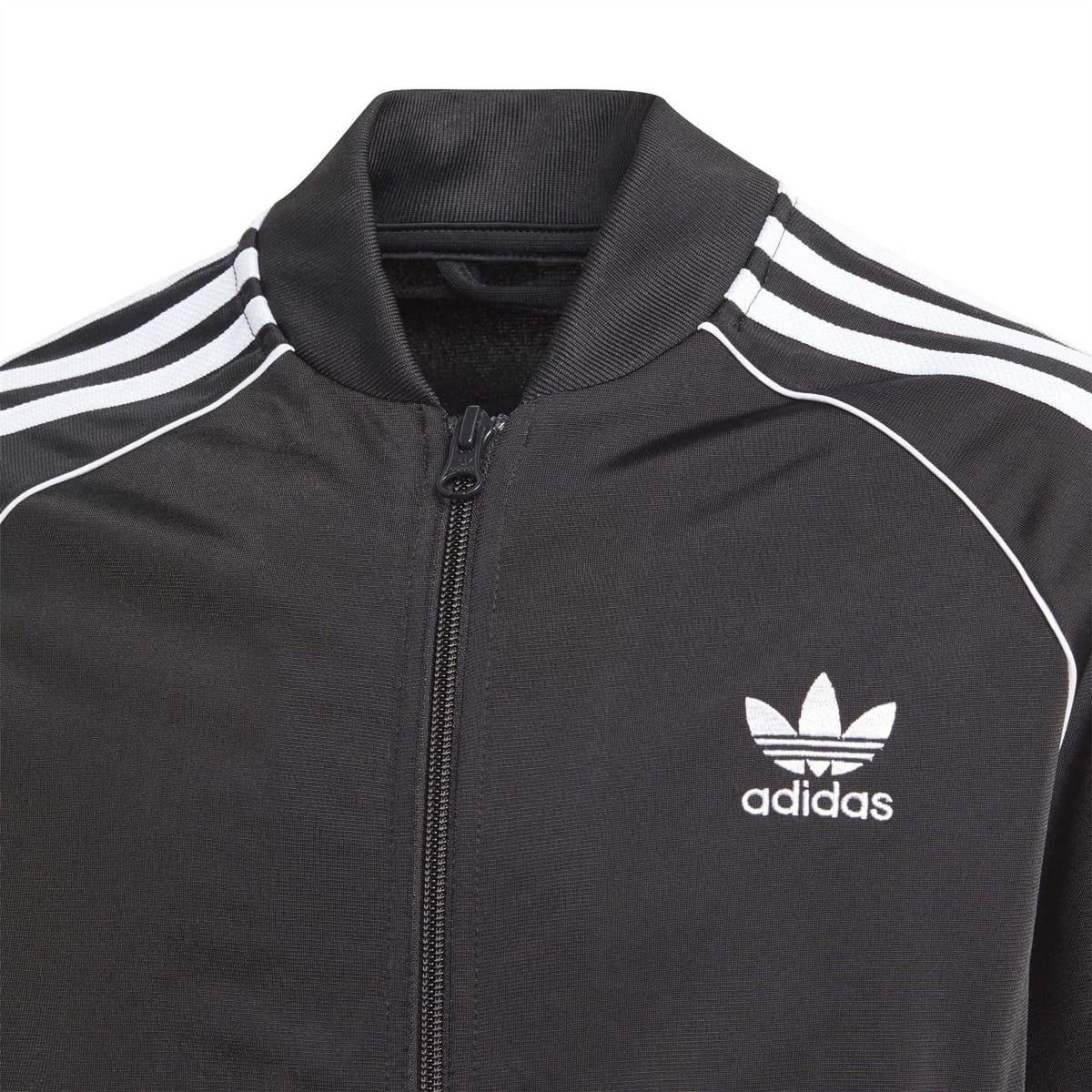 Black adidas track jacket close-up with white logo, zip-front stand collar and stripes