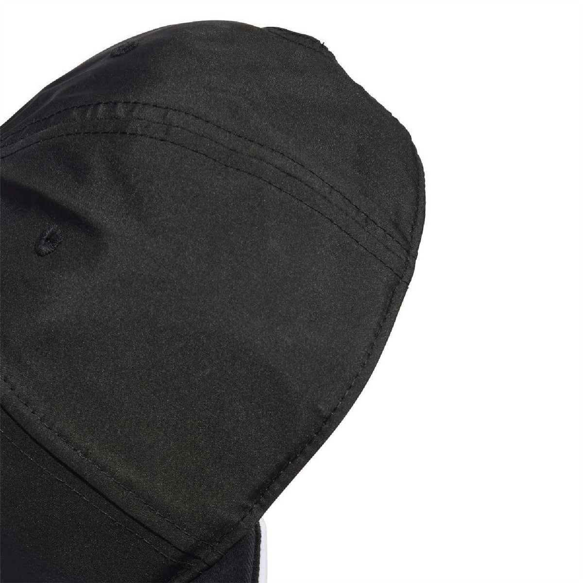 Black dad cap fabric close-up with stitched panel seams and curved brim