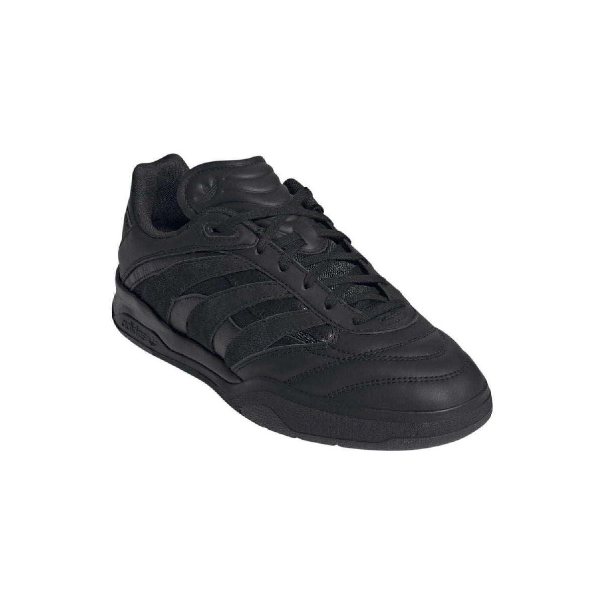 Black lace-up trainers angled view with cushioned collar and padded tongue