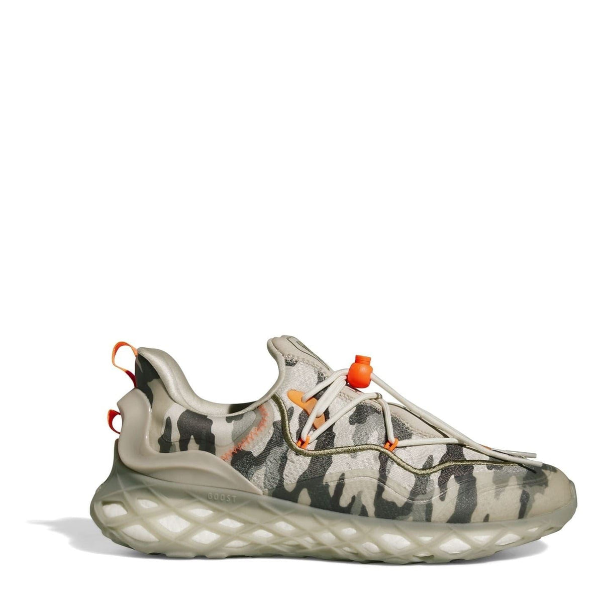 Brown camo chunky trainers with orange lace aglets and thick translucent sole