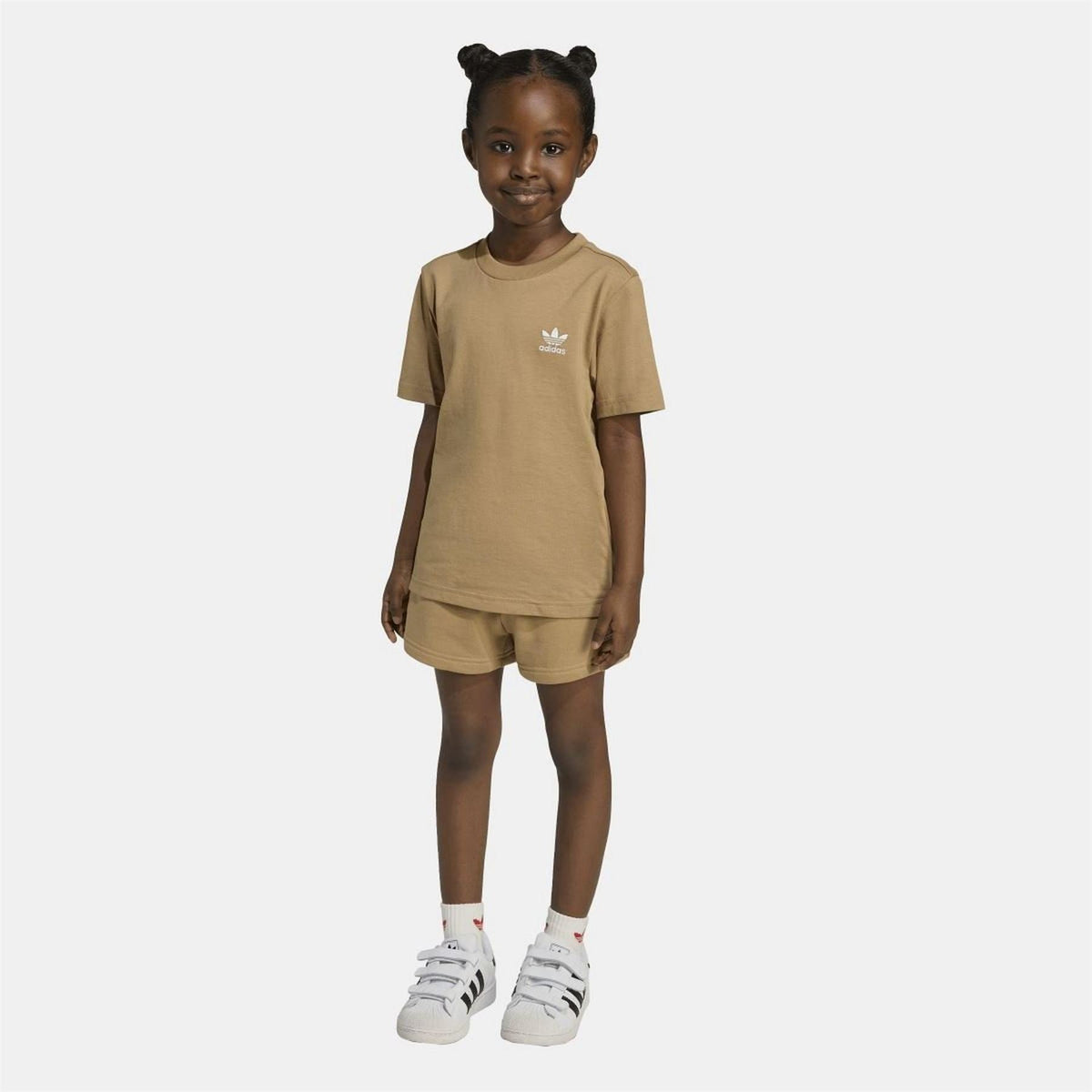 Brown kids adidas T-shirt and shorts set, trefoil logo on chest and shorts