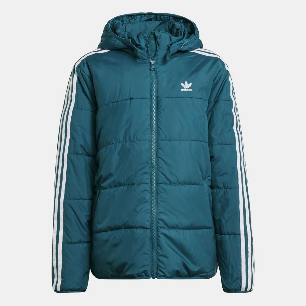 Teal junior padded hooded jacket with full zip and adidas logo, white sleeve stripes