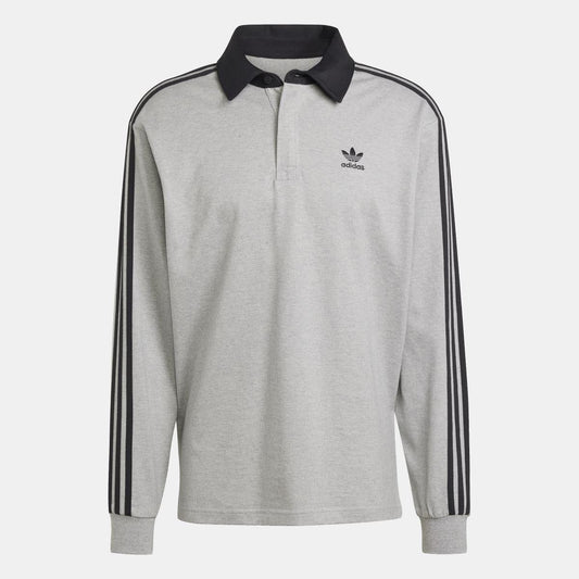 Grey adidas rugby polo shirt with black collar and three black sleeve stripes