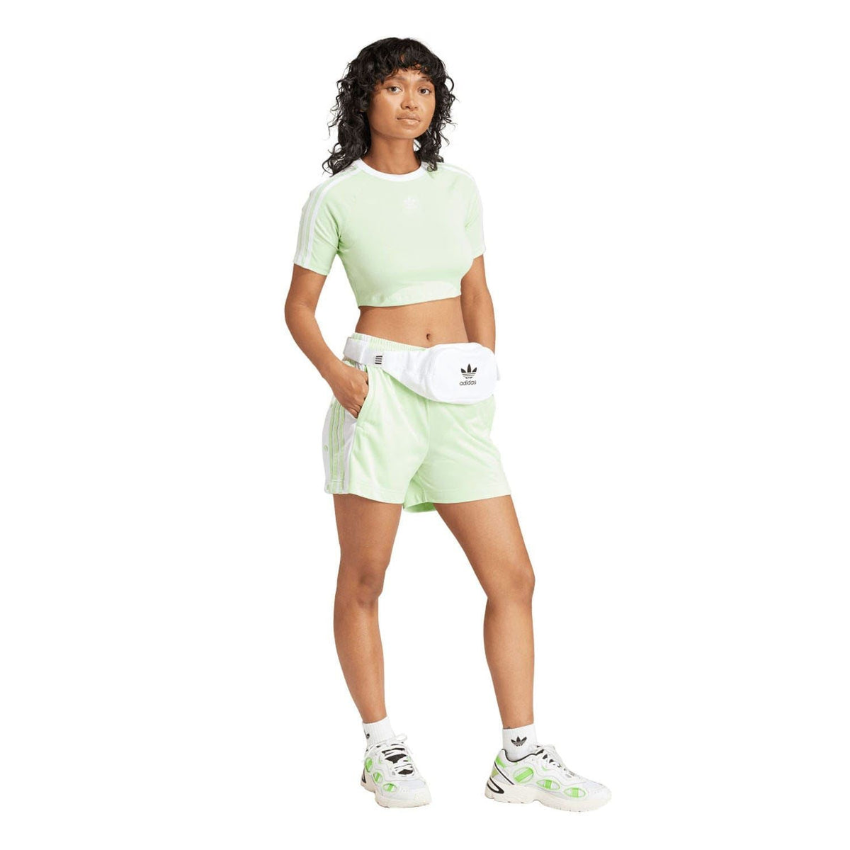 Pale green adidas baby T-shirt with crew neck and white 3-stripe sleeve detail
