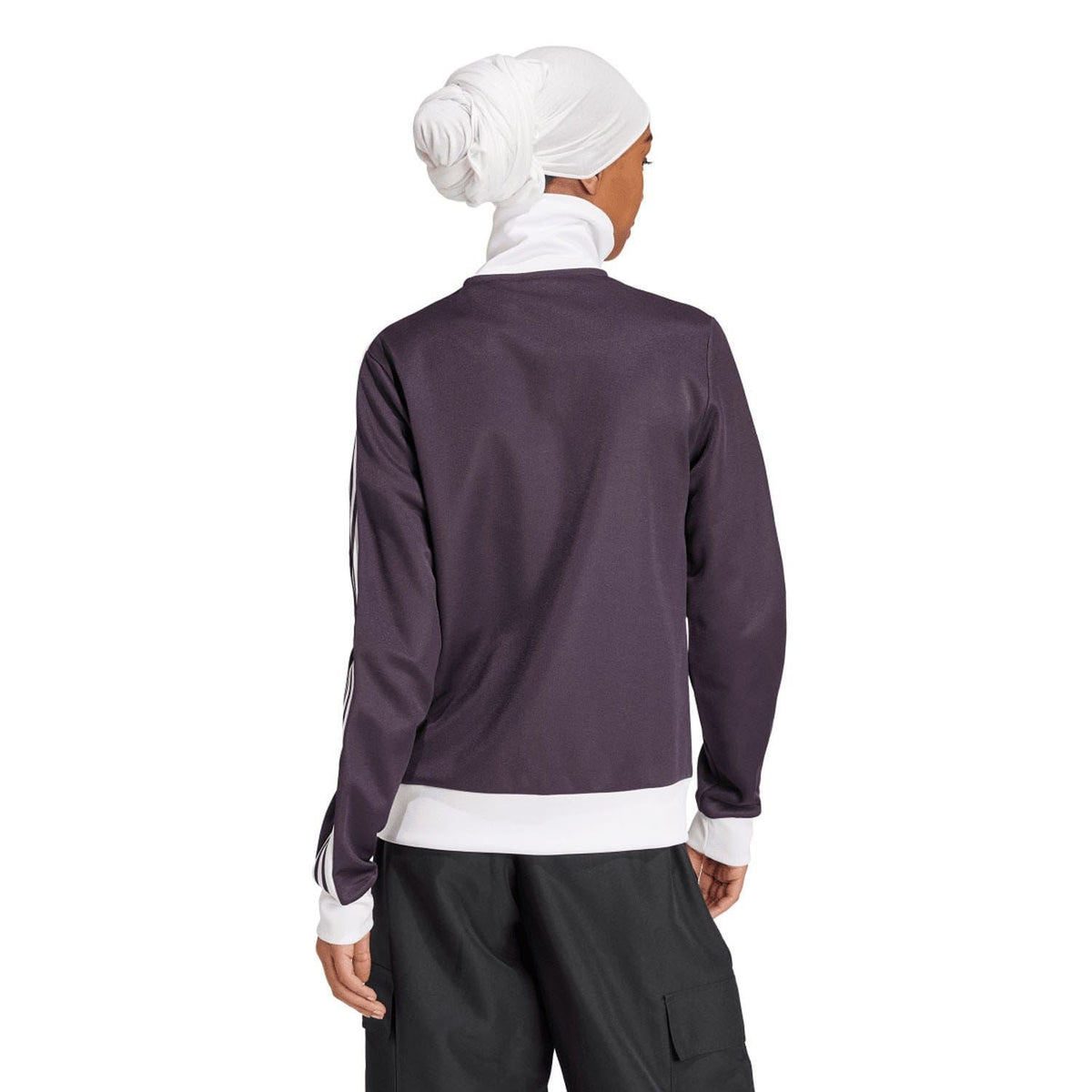 Dark purple track top back view with full zip and white hem band, three stripe sleeves