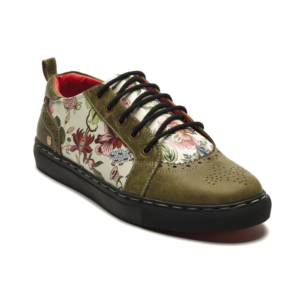 Luxury white leather sneakers for men and women, a cream floral low-top