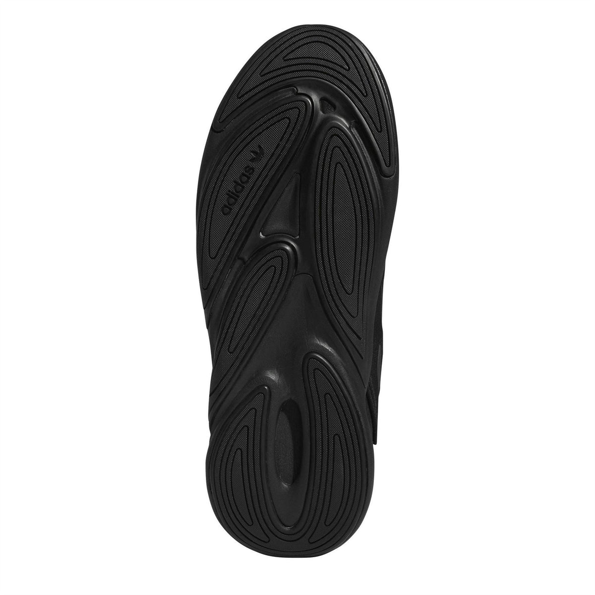 adidas Ozelia chunky sneakers in black, outsole tread pattern with branding