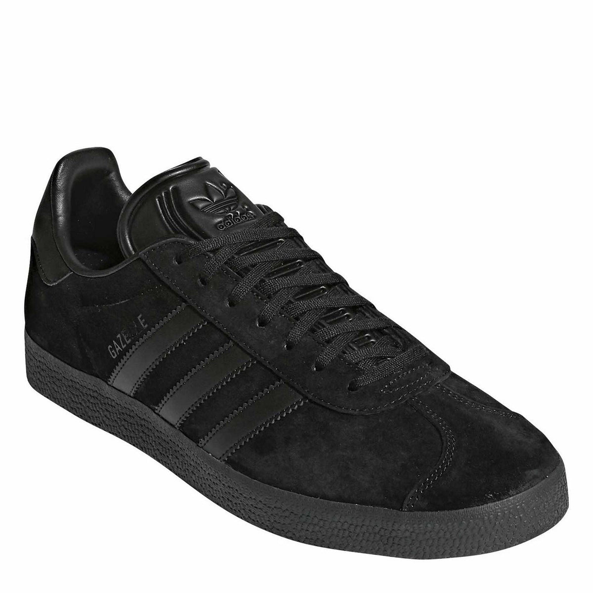 Black suede sneakers with lace-up front and embossed tongue logo.