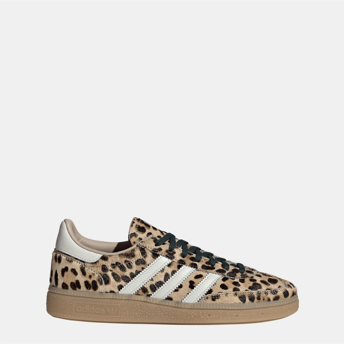 Women's Handball Spezial sneaker, leopard print upper with white stripes and tan sole